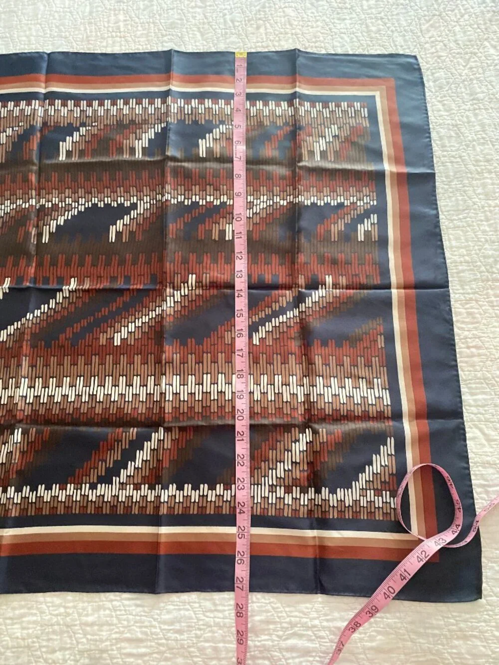 Vintage Square Scarf - Navy Rust Brown Cream Geometric Print - Silky Satin Look